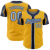 Custom Gold Light Blue-Navy 3 Colors Arm Shapes Authentic Baseball Jersey