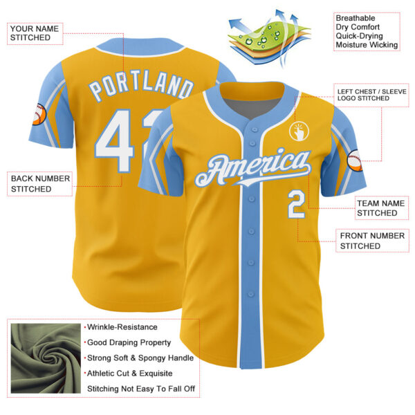 Custom Gold White-Light Blue 3 Colors Arm Shapes Authentic Baseball Jersey