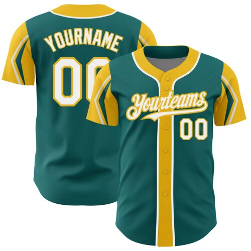ArmShapes0163 Custom Teal White-Yellow 3 Colors Arm Shapes Authentic Baseball Jersey