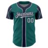 Custom Teal Gray-Navy 3 Colors Arm Shapes Authentic Baseball Jersey