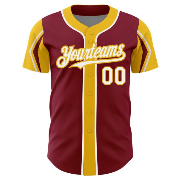 Custom Crimson White-Yellow 3 Colors Arm Shapes Authentic Baseball Jersey