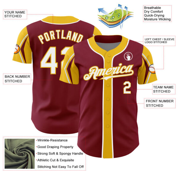 Custom Crimson White-Yellow 3 Colors Arm Shapes Authentic Baseball Jersey