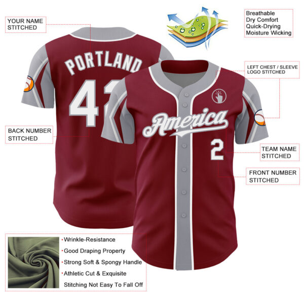 Custom Crimson White-Gray 3 Colors Arm Shapes Authentic Baseball Jersey