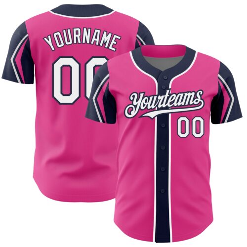 ArmShapes0185 Custom Pink White-Navy 3 Colors Arm Shapes Authentic Baseball Jersey