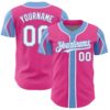 Custom Pink White-Light Blue 3 Colors Arm Shapes Authentic Baseball Jersey