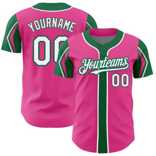 ArmShapes0190 Custom Pink White-Kelly Green 3 Colors Arm Shapes Authentic Baseball Jersey