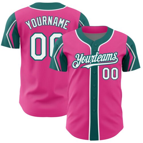 ArmShapes0192 Custom Pink White-Teal 3 Colors Arm Shapes Authentic Baseball Jersey