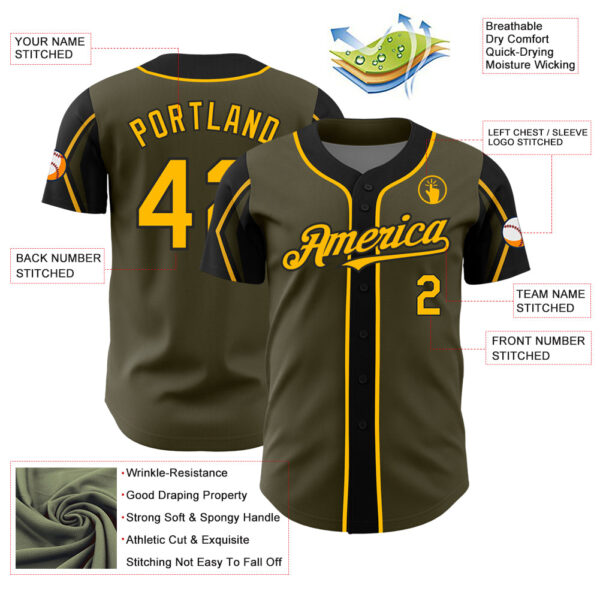 Custom Olive Gold-Black 3 Colors Arm Shapes Authentic Salute To Service Baseball Jersey