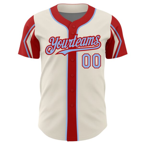 Custom Cream Light Blue-Red 3 Colors Arm Shapes Authentic Baseball Jersey