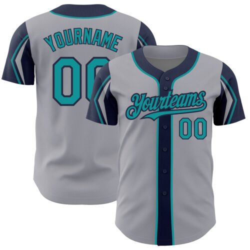 ArmShapes0227 Custom Gray Teal-Navy 3 Colors Arm Shapes Authentic Baseball Jersey