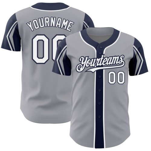 ArmShapes0228 Custom Gray White-Navy 3 Colors Arm Shapes Authentic Baseball Jersey