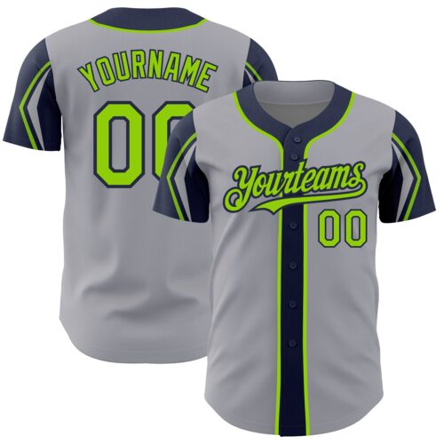 ArmShapes0229 Custom Gray Neon Green-Navy 3 Colors Arm Shapes Authentic Baseball Jersey