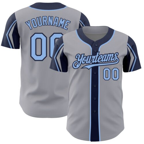 ArmShapes0230 Custom Gray Light Blue-Navy 3 Colors Arm Shapes Authentic Baseball Jersey