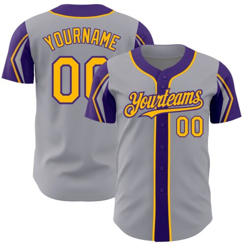 ArmShapes0235 Custom Gray Gold-Purple 3 Colors Arm Shapes Authentic Baseball Jersey