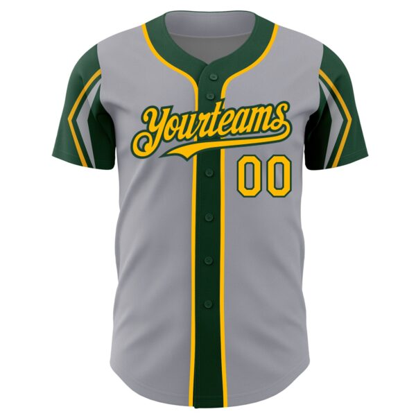 Custom Gray Gold-Green 3 Colors Arm Shapes Authentic Baseball Jersey