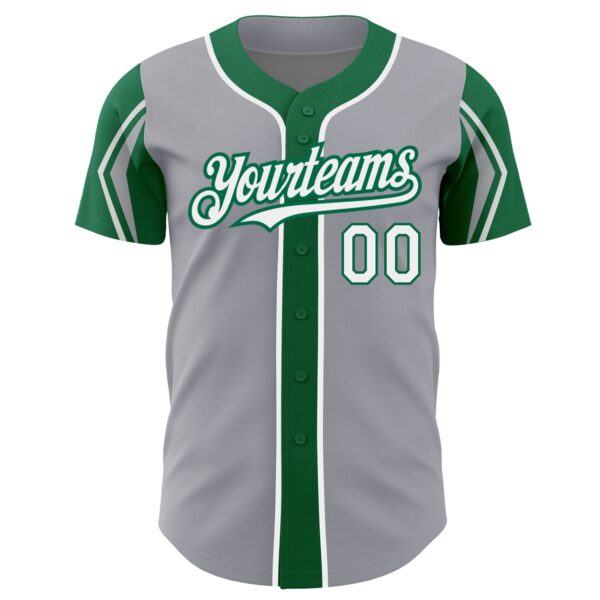Custom Gray White-Kelly Green 3 Colors Arm Shapes Authentic Baseball Jersey