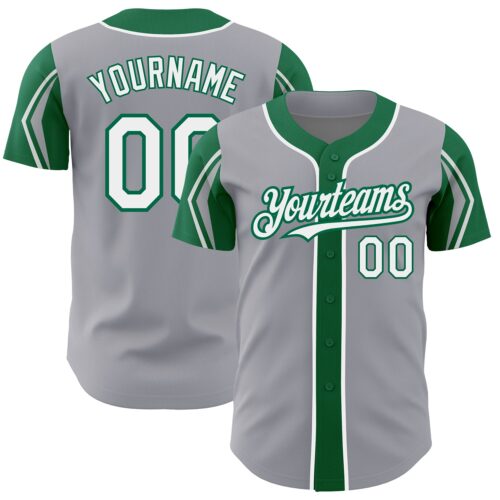 ArmShapes0237 Custom Gray White-Kelly Green 3 Colors Arm Shapes Authentic Baseball Jersey