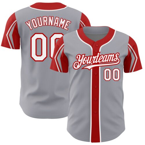 ArmShapes0246 Custom Gray White-Red 3 Colors Arm Shapes Authentic Baseball Jersey