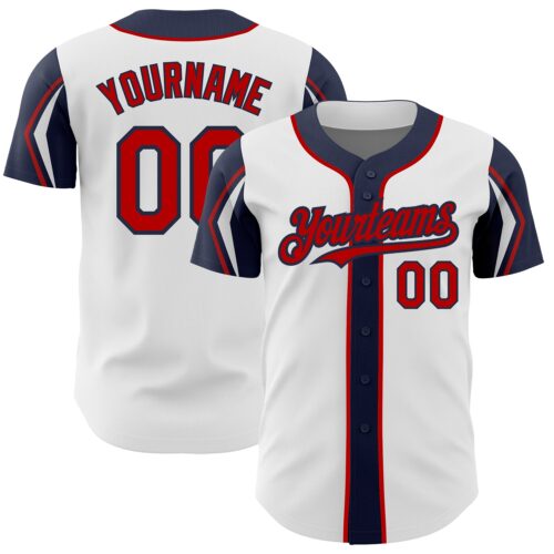 ArmShapes0249 Custom White Red-Navy 3 Colors Arm Shapes Authentic Baseball Jersey