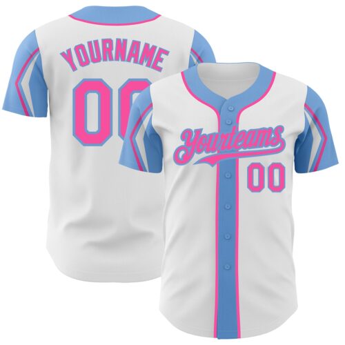 ArmShapes0256 Custom White Pink-Light Blue 3 Colors Arm Shapes Authentic Baseball Jersey