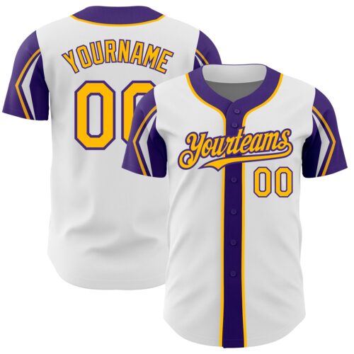 ArmShapes0259 Custom White Gold-Purple 3 Colors Arm Shapes Authentic Baseball Jersey