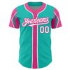 Custom Aqua White-Pink 3 Colors Arm Shapes Authentic Baseball Jersey