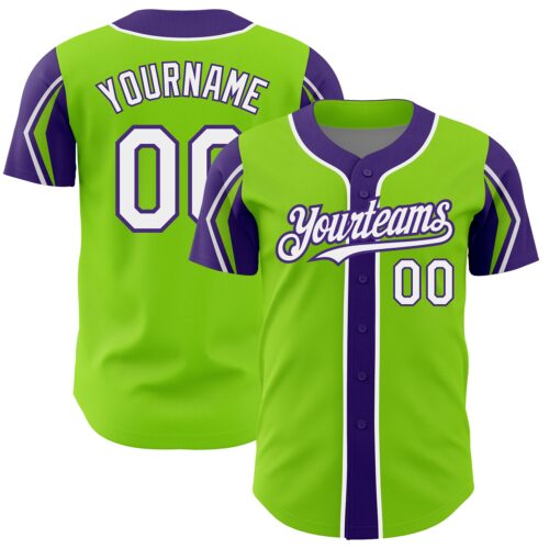 ArmShapes0276 Custom Neon Green White-Purple 3 Colors Arm Shapes Authentic Baseball Jersey