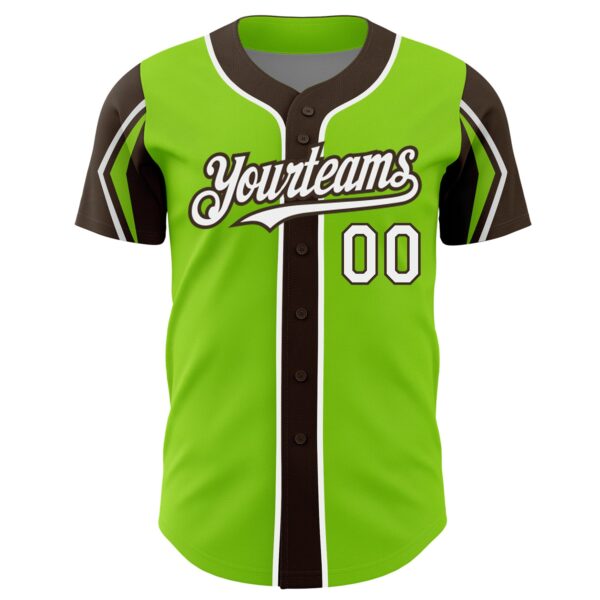 Custom Neon Green White-Brown 3 Colors Arm Shapes Authentic Baseball Jersey