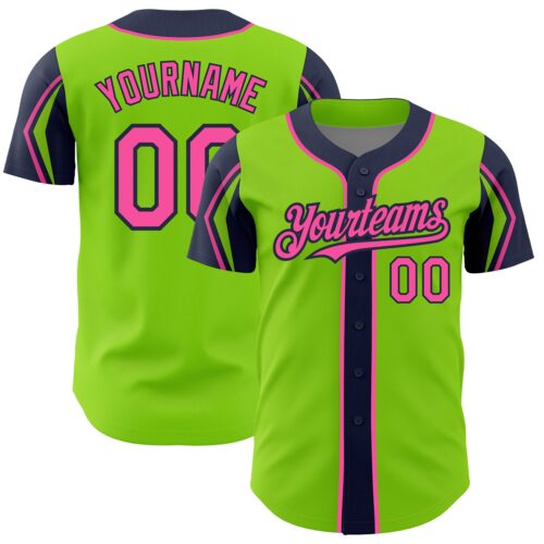 ArmShapes0279 Custom Neon Green Pink-Navy 3 Colors Arm Shapes Authentic Baseball Jersey