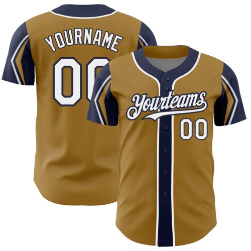 ArmShapes0284 Custom Old Gold White-Navy 3 Colors Arm Shapes Authentic Baseball Jersey