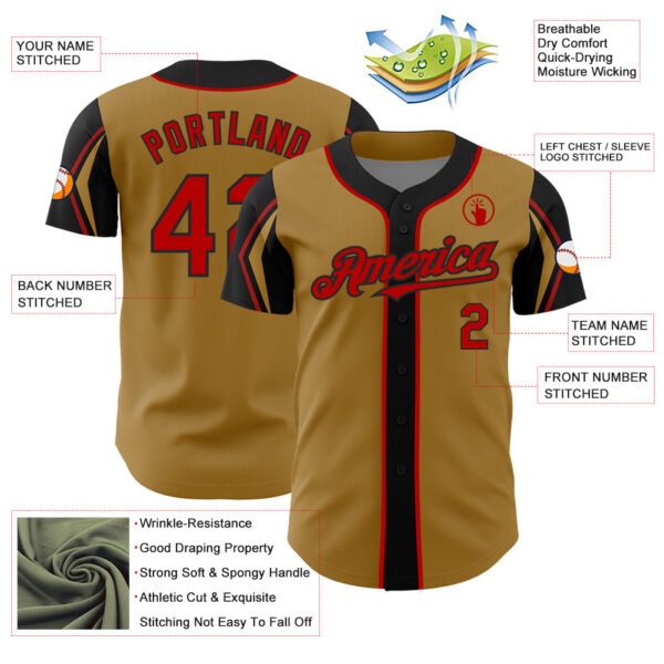 Custom Old Gold Red-Black 3 Colors Arm Shapes Authentic Baseball Jersey