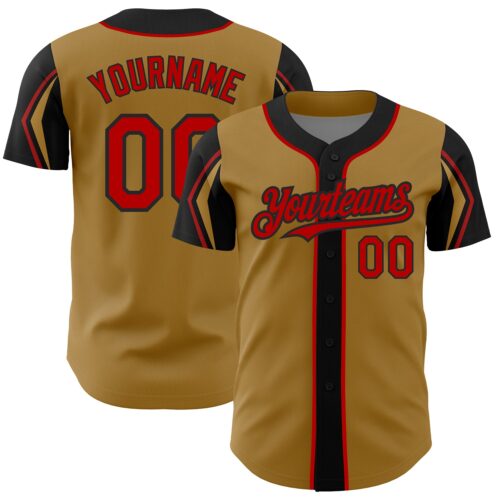 ArmShapes0288 Custom Old Gold Red-Black 3 Colors Arm Shapes Authentic Baseball Jersey