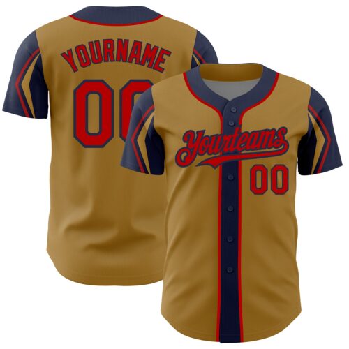 ArmShapes0289 Custom Old Gold Red-Navy 3 Colors Arm Shapes Authentic Baseball Jersey