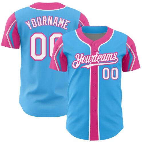 ArmShapes0290 Custom Sky Blue White-Pink 3 Colors Arm Shapes Authentic Baseball Jersey