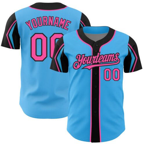 ArmShapes0291 Custom Sky Blue Pink-Black 3 Colors Arm Shapes Authentic Baseball Jersey