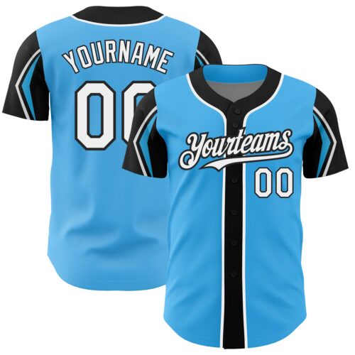 ArmShapes0292 Custom Sky Blue White-Black 3 Colors Arm Shapes Authentic Baseball Jersey