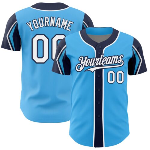 ArmShapes0293 Custom Sky Blue White-Navy 3 Colors Arm Shapes Authentic Baseball Jersey