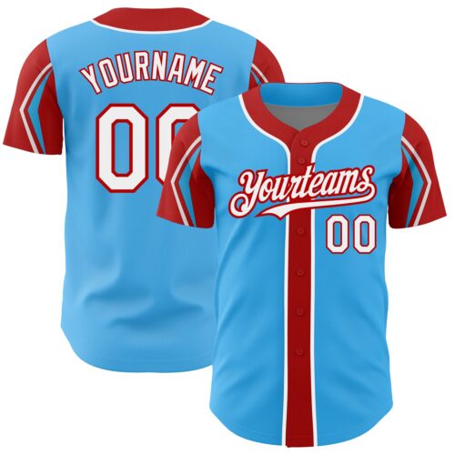 ArmShapes0295 Custom Sky Blue White-Red 3 Colors Arm Shapes Authentic Baseball Jersey