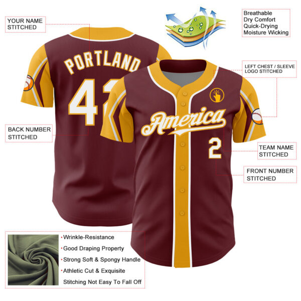Custom Burgundy White-Gold 3 Colors Arm Shapes Authentic Baseball Jersey