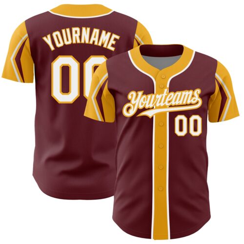 ArmShapes0296 Custom Burgundy White-Gold 3 Colors Arm Shapes Authentic Baseball Jersey