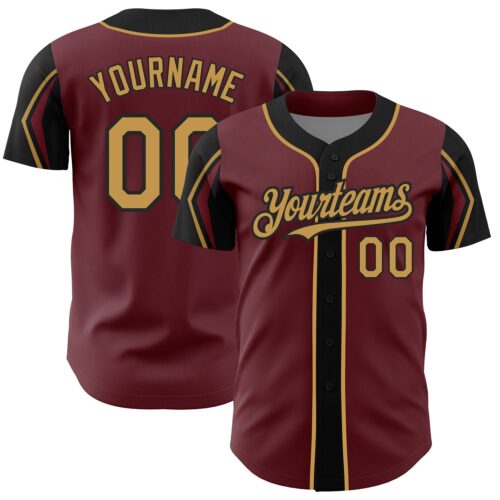 ArmShapes0297 Custom Burgundy Old Gold-Black 3 Colors Arm Shapes Authentic Baseball Jersey