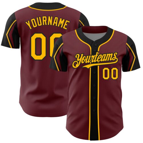 ArmShapes0299 Custom Burgundy Gold-Black 3 Colors Arm Shapes Authentic Baseball Jersey