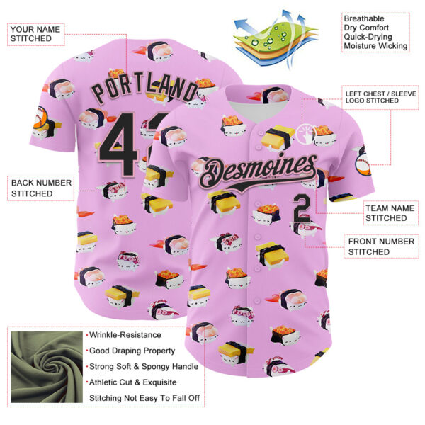 Custom Pink Black-Light Pink 3D Cindy Suen Sushi Cats in Pink Authentic Baseball Jersey