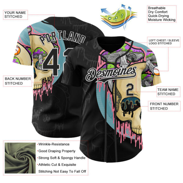 Custom Black White 3D Illymakes Drippy Mushroom Skull Authentic Baseball Jersey