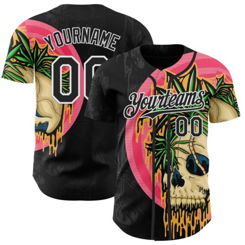 Custom Black White 3D Illymakes Drippy Tropical Skull Authentic Baseball Jersey
