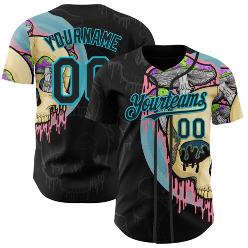 Artist0006 Custom Black Lakes Blue 3D Illymakes Drippy Mushroom Skull Authentic Baseball Jersey
