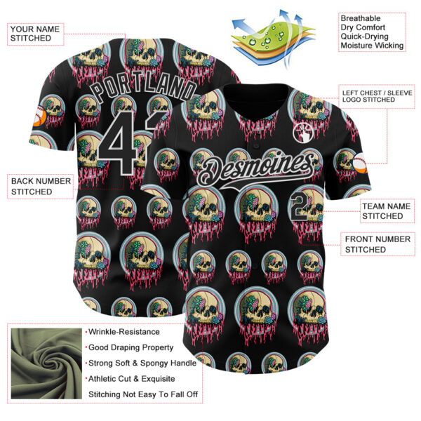 Custom Black White 3D Illymakes Drippy Succulent Skulls Authentic Baseball Jersey