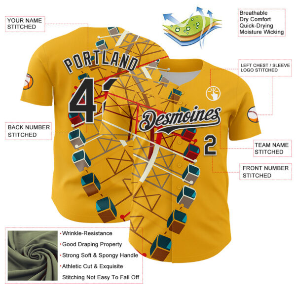 Custom Gold Black-White 3D Nikita Fraser Ferris Wheel Authentic Baseball Jersey