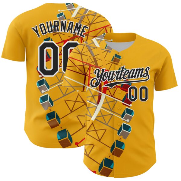 Custom Gold Black-White 3D Nikita Fraser Ferris Wheel Authentic Baseball Jersey