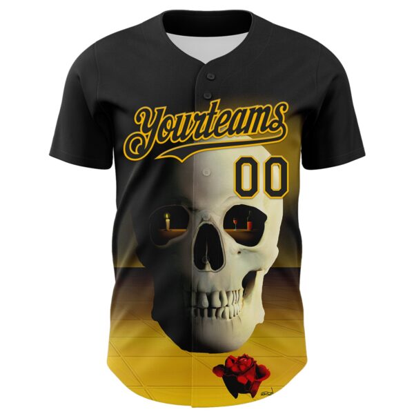 Custom Black Gold 3D Marcel Caram The Skull Authentic Baseball Jersey